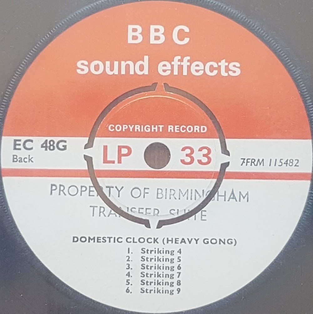 EC 48G Domestic clock: Heavy gong Not registered from the BBC records and Tapes library Label